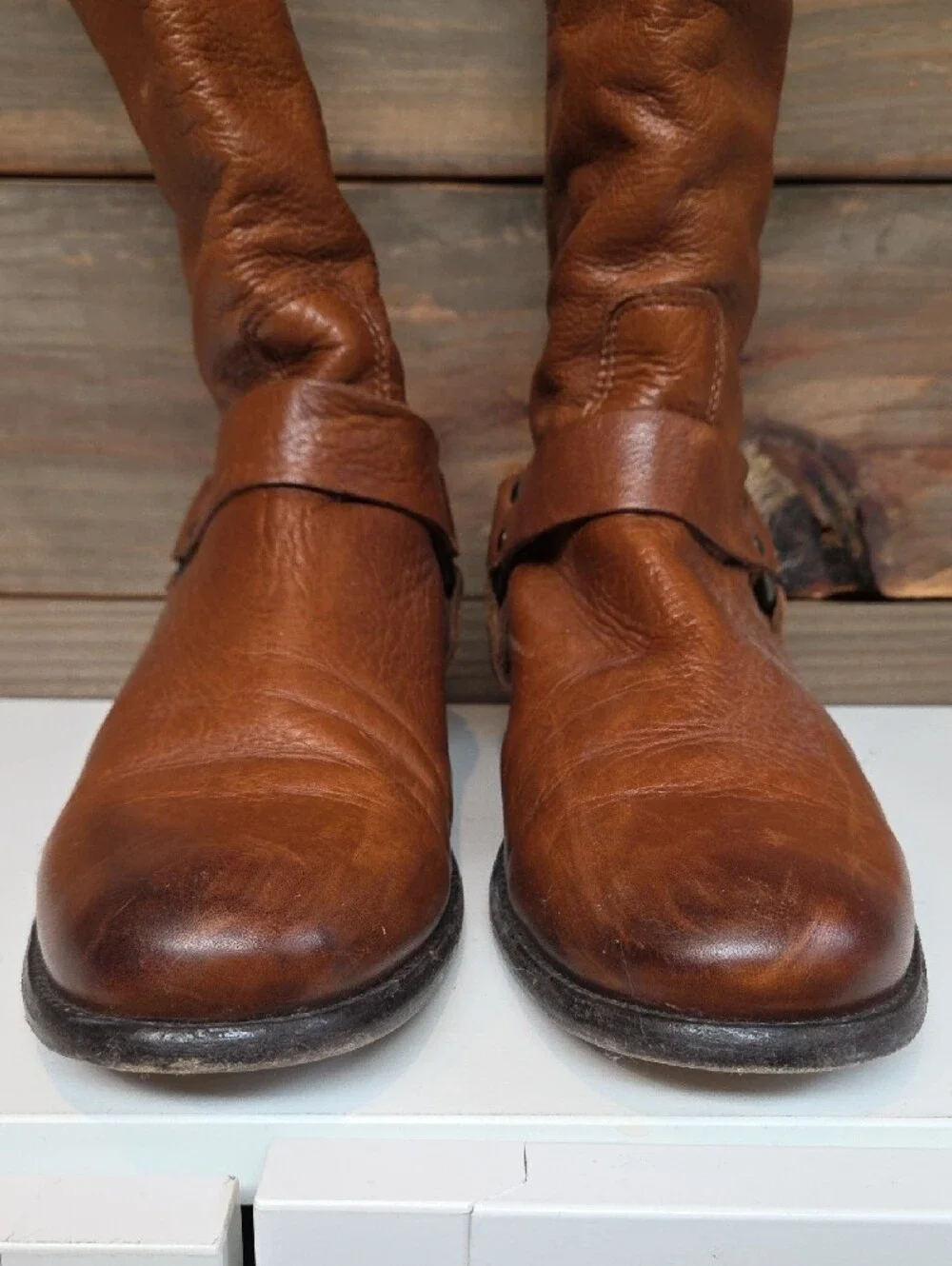 Frye Phillip Harness Tall Cognac Brown Leather Boots